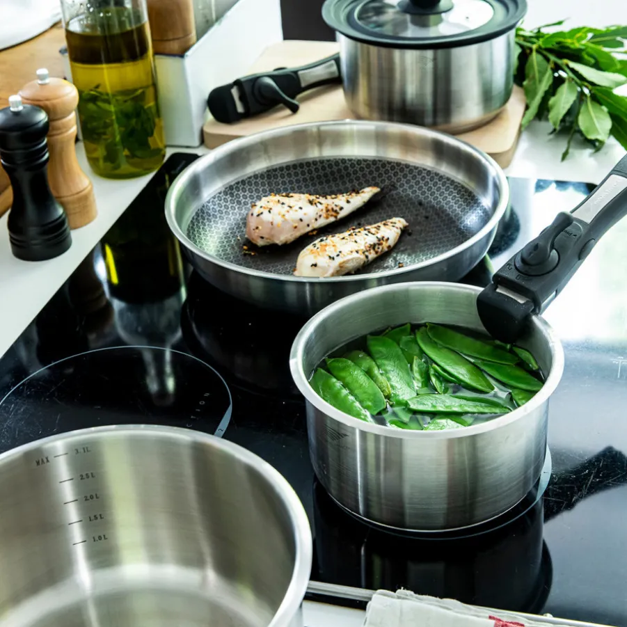 Hot Lot de 3 casseroles inox + 1 manche amovible Batteries De Cuisine|Casseroles